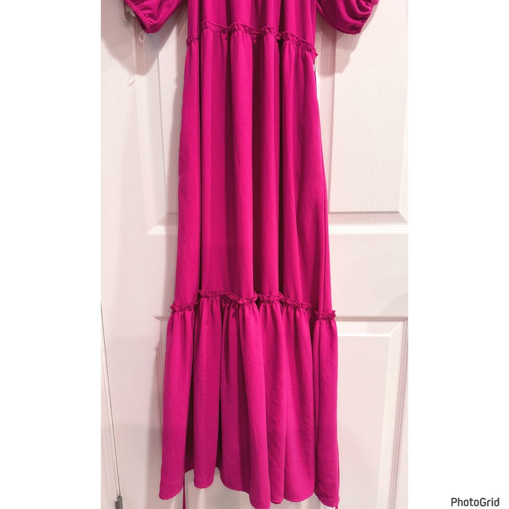 Karen Kane Fuchsia Pink Tiered Maxi Peasant Dress Boho Barbiecore Xsmall - Picture 3 of 4